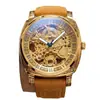 Reloj de lujo para hombre más vendido transfronterizo con relieve dorado, esfera calada a doble cara y correa de cuero con números romanos
