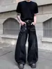 Pantalones de mezclilla lavada para hombre, de estilo retro americano, con estampado de relámpagos, de corte ancho, recto y largo hasta el suelo, para uso transfronterizo.