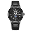 Reloj de Cuarzo para Hombre con Fase Lunar, Esfera de la Tierra Números Romanos Calendario 3 Ojos Correa de Cuero Negro Reloj de Pulsera de Negocios