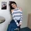 Top Corto Spice Girl para Mujer Otoño e Invierno Nuevo Estilo Coreano Elegante Retro Hombro Descubierto Cuello Rayado Manga Larga Tejido de Punto