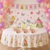 Banner de cumpleaños temático de cuento de hadas del bosque transfronterizo, banner de hada de las flores y elfo, decoraciones colgantes en espiral, adornos para pasteles y adornos