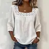 2026 Transfronterizo Amazon Nuevo Verano Color Sólido Casual Cuello Cuadrado Encaje Empalmado Manga Tres Cuartos Algodón y Lino Manga Corta Top para Mujer