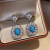 Pendientes Ovalados Completos de Diamante con Pasador de Plata de Ley S925 para Mujer, Pendientes de Botón de Perla Shijia de Luz Fría Turquesa Verde de Lujo Ligero de Gama Alta