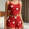 Conjunto de Duas Peças de Camisola com Costelas e Shorts Estampado de Coração Europeu e Americano Estilo Doce Puro Desejo Verão Roupa de Exterior Roupa de Casa