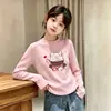 Ropa interior casual de forro polar cepillado para niñas, manga larga, ropa de otoño/invierno, cuello redondo, top con estampado lindo para niños