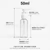 Botella dispensadora de loción transparente de PET de 50 ml en stock con bomba de clip, botella de champú a prueba de fugas con dispensador de bomba de pico de pato