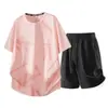 Conjunto de Shorts de Manga Corta de Seda Hielo para Hombre, Verano Transpirable de Secado Rápido Cuello Redondo Estampado Holgado Deportivo Casual Conjunto de Dos Piezas
