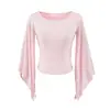 Camiseta de Manga Tres Cuartos Acampanada Color Café Estilo Suave para Mujer, Top Corto de Verano Elástico Ajustado que Muestra la Cintura