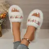 Chinelos de Algodão Casuais Outono/Inverno Flor Plush Solado Grosso Casa Macio Tridimensional Chinelos Peludos Decoração Feminina Uso Externo