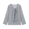Camiseta casual holgada de manga larga con cordones y estampado estilo vintage, cuello en U grande, para mujer, top holgado de otoño protector solar