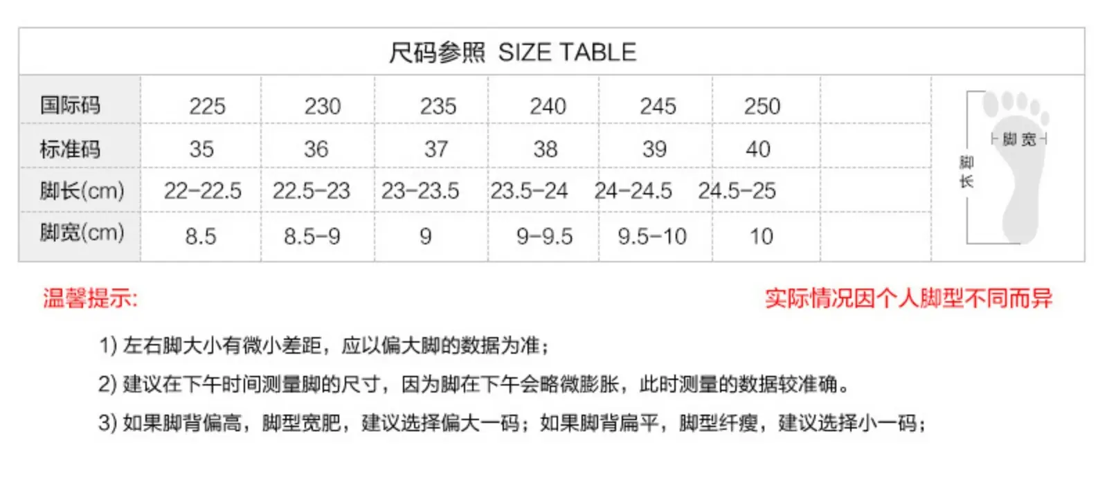 尺码表格