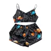 Lencería Sexy Popular Europea y Americana Seda Artificial Estampada Sexy Tirantes Encaje Pantalones Cortos Ropa de Casa para Mujer Conjunto de Dos Piezas