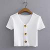 Moda Feminina Europeia e Americana Nova da Primavera Camiseta Curta de Três Botões com Decote em V Justa Mostrando o Umbigo Top C4908