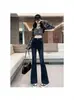 Calça Jeans Flare de Cintura Alta Slim-Fit Preta Estilo Americano para Mulheres, Primavera 2026, Forrada com Lã, Elástica, Comprimento Total Bootcut