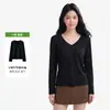 Top de mujer de algodón de bambú, cuello en V moderno, corte en el hombro derecho, manga larga, ligeramente transparente, fino, elegante, ajustado, versátil y perfecto como capa base