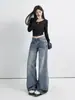 YECHUAN # Jeans de pierna ancha azules agrietados estilo retro americano para mujer, nuevo estilo de verano, de tiro bajo, holgados, adelgazantes, de corte recto