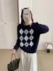 Suéter de Punto Coreano Retro con Rombo, Corazón, Lazo, Cuello Redondo y Mangas Largas para Mujer 2025 Otoño e Invierno Elegante con Efecto Adelgazante
