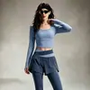 Conjunto de Yoga Falso Duas Peças para Mulheres, Gola Quadrada Manga Longa Calça de Cintura Alta Levanta Bumbum, Conjunto Profissional de Duas Peças para Pilates Esporte Fitness
