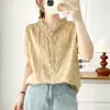 Camisa de manga corta con cuello de encaje de gasa de algodón de doble capa para mujer, estampado artístico vintage, suave, hipoalergénica, transpirable, top de algodón puro