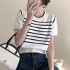 Suéter de Punto Rayado con Puntada Francesa Falso Dos Piezas Manga Corta para Mujer Verano Nueva Llegada Suéter Estilo Occidental Dulce Top con Manga Abullonada