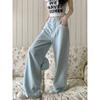 Pantalones vaqueros rectos con textura de primavera para mujer, color azul claro, cintura alta, holgados, adelgazantes, casuales, de pierna ancha.