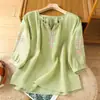 Tops de estilo nacional algodón y lino camisas bordadas para mujer verano bordado pesado delgadas cuello redondo mangas farol transpirables mangas cinco puntos