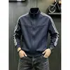 Moletom com gola alta listrado azul escuro para homens, jaqueta esportiva americana de peso pesado para outono, jaqueta de casal de alta qualidade