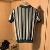 Polo británico de manga corta a rayas entalladas para hombre, camiseta de punto de seda helada de verano para hombre, informal, con solapa y media manga.