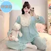 Pijama de Algodón Nube para Primavera, Otoño e Invierno con Almohadillas Fijas en el Pecho para Mujer, Ribete de Encaje, Talla Grande 110 kg Conjunto de Ropa para el Hogar