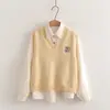 6850 Chaleco de punto con bordado de oso de dibujos animados, estilo japonés, fresco y dulce, cuello en V + conjunto de dos piezas de camisa al por mayor
