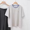 Camiseta de Manga Curta de Algodão e Linho Lavado Coreano com Listras Bordadas Verão Solta Casual Versátil Top de Gola Redonda com Cor Contrastante para Mulheres