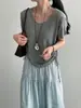 Camiseta Feminina G6895 Estilo Coreano com Cordão, Linho e Liocel, Cintura Ajustável, Confortável, Emagrecedora, Design Único