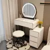 Penteadeira para espaços pequenos, estilo francês creme para quarto, mesa de maquiagem moderna minimalista, penteadeira de vidro com gavetas integradas