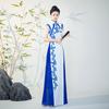 Cheongsam de Luxo 2025 Novo Melhorado Longo Azul e Branco Estilo Chinês Elegante Emagrecedor Visual Performance de Passarela Vestido de Banquete