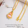 Colar com Pingente de Cabacinha Rosa Olho de Gato com Cravação de Diamantes Banhado a Ouro 24K, Mesmo Estilo da Loja de Ouro Puzuo, Corrente de Clavícula de Luxo Leve para Mulheres