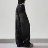 Calça Jeans Wide Leg com Strass Preto e Cinza Degradê, Cintura Alta e Cordão, Efeito Lavagem Vintage, Versátil, Emagrecimento, Comprimento Longo