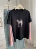 Camiseta de Manga Larga con Bloques de Color de Pony de Dibujos Animados para Mujer, Nueva Moda Versátil Elegante de Principios de Primavera 2026