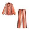 Exportação Transfronteiriça Roupas Femininas Outono 2025 Estilo Europeu e Americano Camisa com Listras Blocos de Cor + Conjunto de Calças Listradas Feminino B482643/4