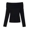 Top Preto Ombro a Ombro Estilo Francês para Mulheres, Design Outono e Inverno Caído no Ombro, Slim Fit de Nicho, Lingerie Elegante, Malha de Manga Longa