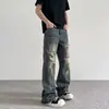 Jeans Rotos Desgastados Estilo Retro Americano para Hombre Pierna Recta Holgada Marca de Moda Estilo Callejero Hipster Desaliñado Pierna Ancha Pantalones Largos