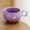 Juego de Taza y Platillo de Café Morado Lila con Decoración de Mariposas Hecho de Fábrica, Taza de Latte Exquisita de Gama Alta, Taza de Cerámica para Arte Latte, Taza para el Té de la Tarde