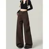 Jeans Wide Leg Cor Café Melanóide Feminino Tendência Novo Design Sensação Retrô Cintura Alta Solto Calças Retas Wutong