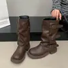 Botas Western Cowboy Martin Femininas 2026 Novas Outono Botas Pretas Sola Grossa Meio da Panturrilha BotasFranzidas Botas Curtas Calças