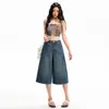 Jeans casual cropped de cintura alta azul escuro para mulheres, verão 2026, calça cropped fina, solta, reta, modeladora, versátil