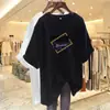 Camiseta de Manga Corta para Mujer de Mediana Edad y Mayores, Comercio Exterior Transfronterizo, Corte Holgado, Tallas Grandes, Adelgazante, Cubre Vientre, Top Estampado de Media Manga