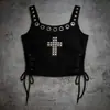 Top Curto estilo Punk em Forma de Cruz com Rebites, Alças Largas nos Ombros, Amarração Lateral, Ajuste na Cintura, Mostrando Parte da Barriga, Estilo Gótico Escuro
