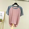Nueva camiseta de manga corta de seda helada con drapeado de verano para mujer, estilo coreano, holgada, adelgazante, color de contraste, raglán, prenda exterior, top base fresco