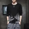 Camiseta masculina versátil de manga comprida para primavera e outono, gola redonda, estilo coreano, tendência, com estampa de gaivota