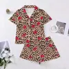 Nuevo Pijama de Comercio Exterior Transfronterizo para Mujer con Solapas Estampadas, Mangas Cortas, Shorts, Ropa de Casa Estilo Europeo y Americano, Cárdigan Holgado y Cómodo
