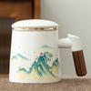 Taza de cerámica creativa para oficina, taza con asa de madera de moda nacional, taza de té de aspecto elegante para el hogar, taza de té con separación, regalo de apertura